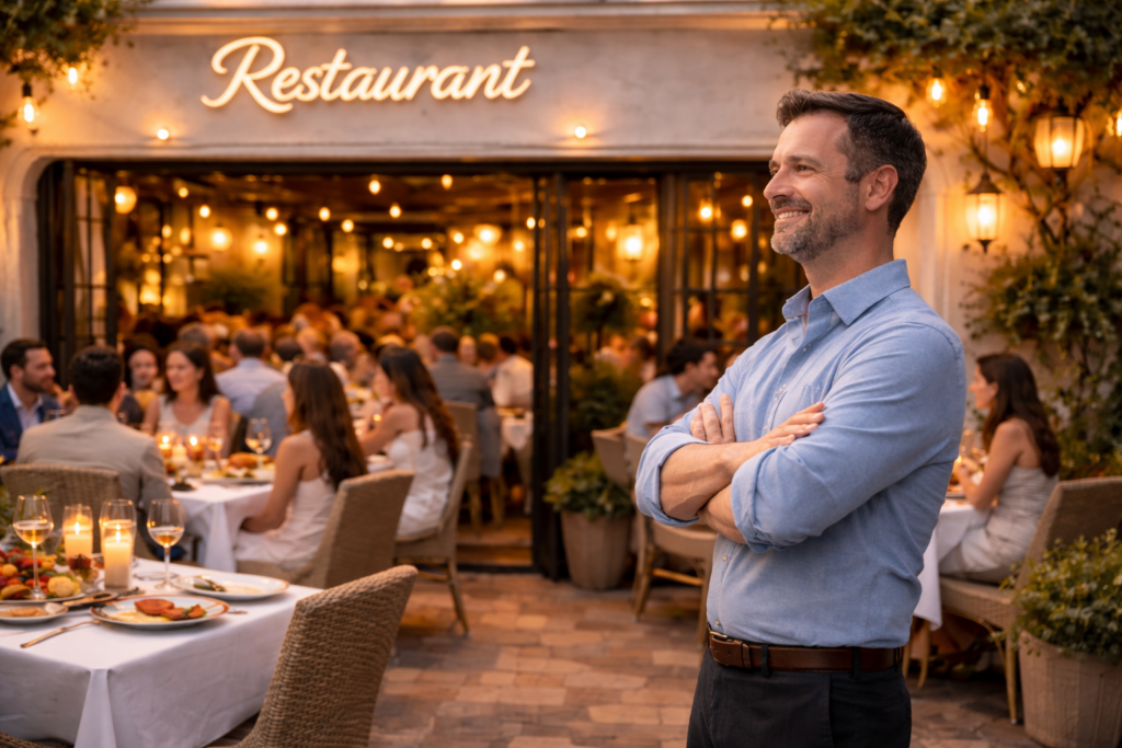 acheter un restaurant en haute corse. Un patron de restaurant satisfait devant la terrasse bondée de son restaurant